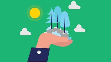 hand holding forest trees with clouds and sky flat design vector