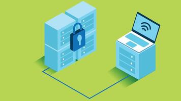 isometric illustration representing IT cloud storage and servers. The design features cloud icons connected to multiple server racks vector