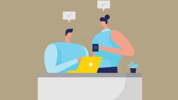 An illustration of employees collaborating and discussing over a workplace desk in a professional office setting vector