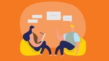An illustration of a podcast session recording with two speakers engaged in a conversation vector