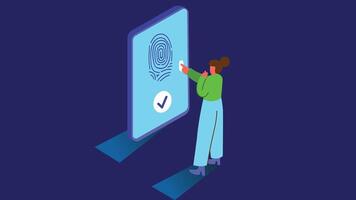 An illustration of a mobile device lock screen. The screen displays fingerprint isometric vector