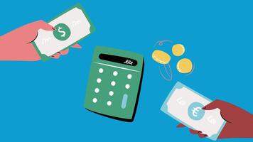An illustration of a financial calculator with money bills scattered around it, viewed from the top vector