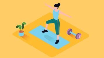 An isometric illustration of a girl performing a yoga pose in a gym. She is depicted in a focused and calm posture, such as a tree pose vector