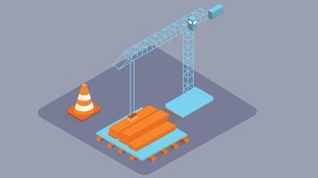 An isometric illustration of a construction site with a crane. The design showcases a busy construction environment, featuring a large crane positioned at the center vector