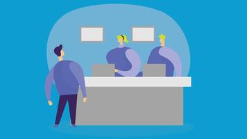 An illustration of an information reception desk where customer service employees are talking to a customer vector