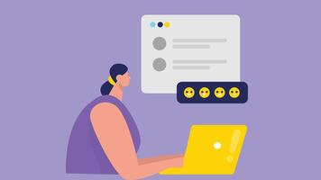 An illustration of a freelancer working on a laptop, with a feedback popup displayed on the screen vector