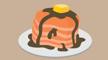 An illustration of a plate of pancakes topped with butter and syrup. The pancakes are stacked neatly on the plate vector