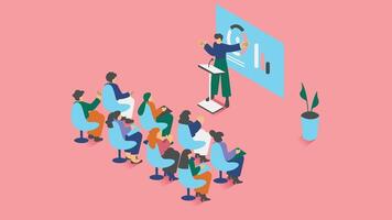 An isometric illustration of a product demo presentation, where a speaker is presenting a product to an audience vector