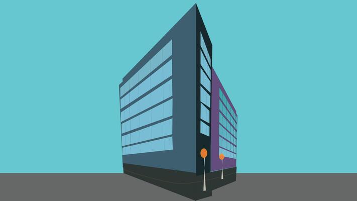 An illustration of a city business building in flat design. The building is tall and modern, with large glass windows, sleek lines, and a clean architectural design