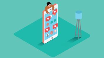 user is checking their feed, interacting with posts, or scrolling through updates isometric design vector