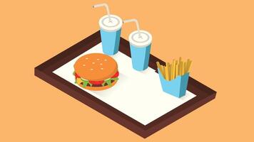 An isometric design of a chicken burger meal, complete with crispy fries and a refreshing soda vector