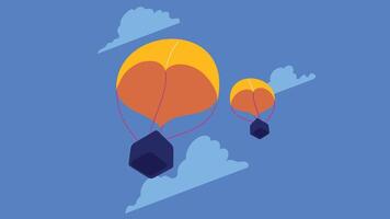 An illustration of multiple packages being airdropped from the sky using large parachutes. The parachutes are fully deployed vector