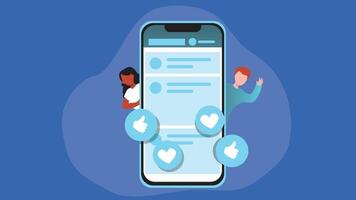 An illustration of a social media app displayed on a mobile phone screen, with visible like and heart icons vector