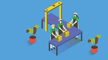 An isometric illustration of workers collaborating together on a factory production line, packing products vector