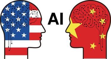 Two heads with the word AI in the middle, USA and China flag vector