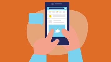 An illustration of hands holding a mobile phone, with the screen displaying a social media app vector