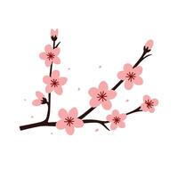 Minimalist cherry blossom branch with pink flowers on a white background. Simple flat design for prints, textiles, wallpapers, and digital projects. Elegant and delicate Japanese floral illustration. vector