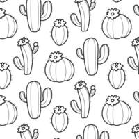 Seamless pattern with hand drawn doodle cacti with flowers. Black and white botanical design with various cactus shapes. Perfect for prints, textiles, wallpapers. vector