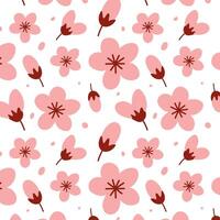 Seamless pattern with pink cherry blossom flowers and buds on a white background. Simple flat floral design in a Japanese style. Perfect for textiles, wallpapers, packaging, and digital projects. vector