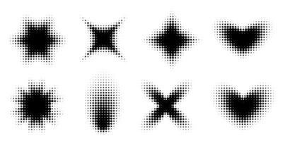Halftone geometric icon set in black on a white background. Abstract shapes, including hearts and stars, with a retro pixelated dot pattern. Perfect for modern, minimal, and Y2K inspired designs. vector