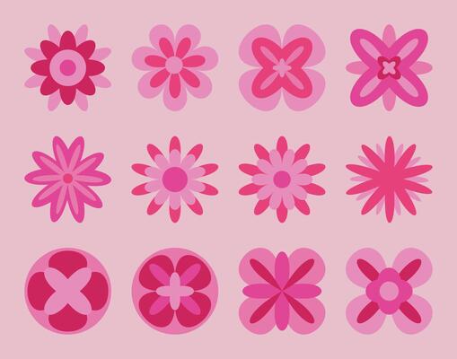 Set of geometric abstract flowers in red and pink tones. Modern stylized floral design for prints, textiles, backgrounds, and digital projects.