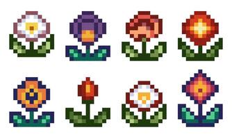 Set of pixel art flowers in various colors on a white background. Retro 8-bit botanical design, perfect for games, icons, stickers, and digital projects with a nostalgic aesthetic. vector