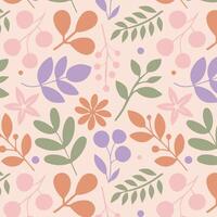 Seamless floral pattern with abstract leaves, flowers, and berries in pastel colors. Elegant botanical background for fabric, wallpaper, wrapping, and digital design. vector