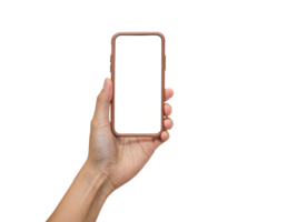 Hand Holding Smartphone with Brown Frame, Close Up View Transparent Background, Generated with AI png