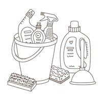 Lovely sketch housework concept illustration with bucket and different detergent products, liquids, rubber toilet plunger, scrubbing brushes. Funny doodle composition for website, poster, media. vector