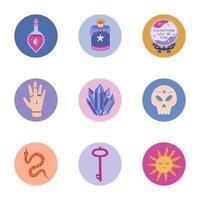 Lovely magical round cover icons with esoteric elements for social media, blogs, business, branding. Highlights for stories with witch potion, forecasting ball, key, skull clipart in pastel colors. vector