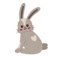 Lovely cartoon Easter bunny with heart fur blob on back, turned around with joyful face. Funny hand drawn fuzzy rabbit sticker for poster, card, design, web. Sign of religious springtime holiday. vector