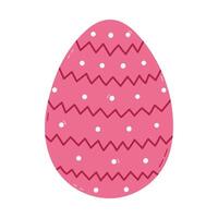 Lovely cartoon pink painted egg with zigzag horizontal lines and dots pattern for Easter egg hunt. Trendy hand drawn clipart for religious springtime holiday. Flat doodle isolated on white background. vector