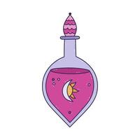 Lovely outline cartoon magic potion in round glass vial with esoteric symbol on label of moon and sun, pink liquid. Cute hand drawn elixir for magical transformation, wizard spell, mystery ritual. vector