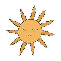 Lovely cartoon esoteric sun with face with closed eyes and wavy rays. Hand drawn outline tarot, Sun of May and Argentine symbol. Colorful mystical and magic clipart isolated for tattoo, design, web. vector