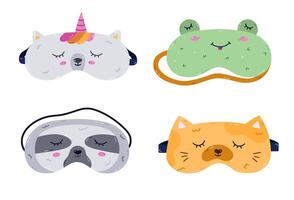 Childish cartoon animal sleeping mask set in the shape of unicorn, frog, sloth, kitten head. Funny kids eye mask collection with pet head. Hand drawn accessory for recreation isolated on background. vector