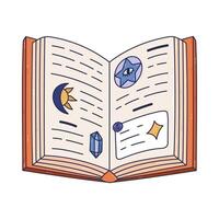 Lovely doodle open wizard spell book with mysterious text on pages and esoteric symbols of crystal, sun with crescent, star in circle. Hand drawn cartoon antique magical manuscript isolated on white. vector