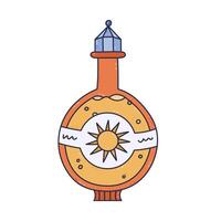 Lovely cartoon doodle of magic potion in round bottle with sun symbol on label, vintage lid for sunshine energy. Hand drawn alchemy elixir in glass jar of witch and wizard isolated on white. vector
