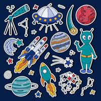 Cute colorful doodle sticker set about space, galaxy for planners, notebooks. Ready for print list of childish stickers with UFO flying saucer, alien, spaceship, rocket, telescope, Mars and Jupiter. vector