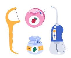 Lovely cartoon set of dental floss and irrigator for gum care and interdental hygiene. Trendy hand drawn teeth strings different types in container, holder, electronic water flosser. Stomatology tool. vector