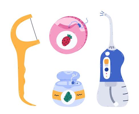 Lovely cartoon set of dental floss and irrigator for gum care and interdental hygiene. Trendy hand drawn teeth strings different types in container, holder, electronic water flosser. Stomatology tool.