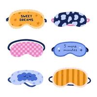 Lovely cartoon sleeping mask set with animal pattern, wide lines, check, cloud, funny lettering. Cute hand drawn eye mask for comfortable dreaming. Patterned bedtime accessory isolated on white. vector
