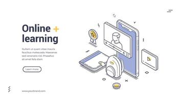 Online education and digital learning tools in a modern setting isometric line art web banner vector