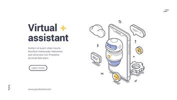 Friendly ai chat bot interacting with a smartphone design in a digital environment isometric web banner, landing page template vector