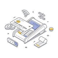 Payment terminal with a credit card, coins, and transaction elements isometric line art vector