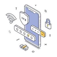 Secure online privacy and data protection with VPN technology illustrated in isometric line art vector