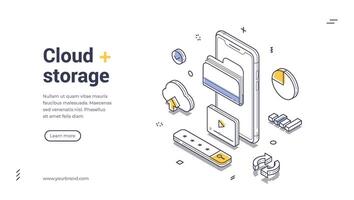 Cloud storage isometric line art web banner, landing page template of mobile cloud storage with various digital elements and icons vector