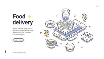 Delivery app concept featuring diverse food items and beverages arranged in a modern isometric web banner vector