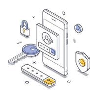 Digital security features with a smartphone, key, and various locks depicting user authentication vector