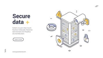 Secure data center web banner, landing page template featuring surveillance equipment and protective elements vector