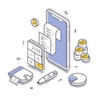 Financial management tools in isometric line art representation for modern budgeting vector